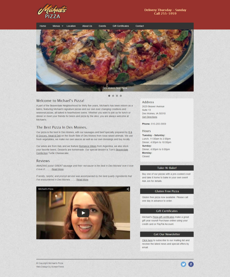 Michael’s Pizza website screenshot