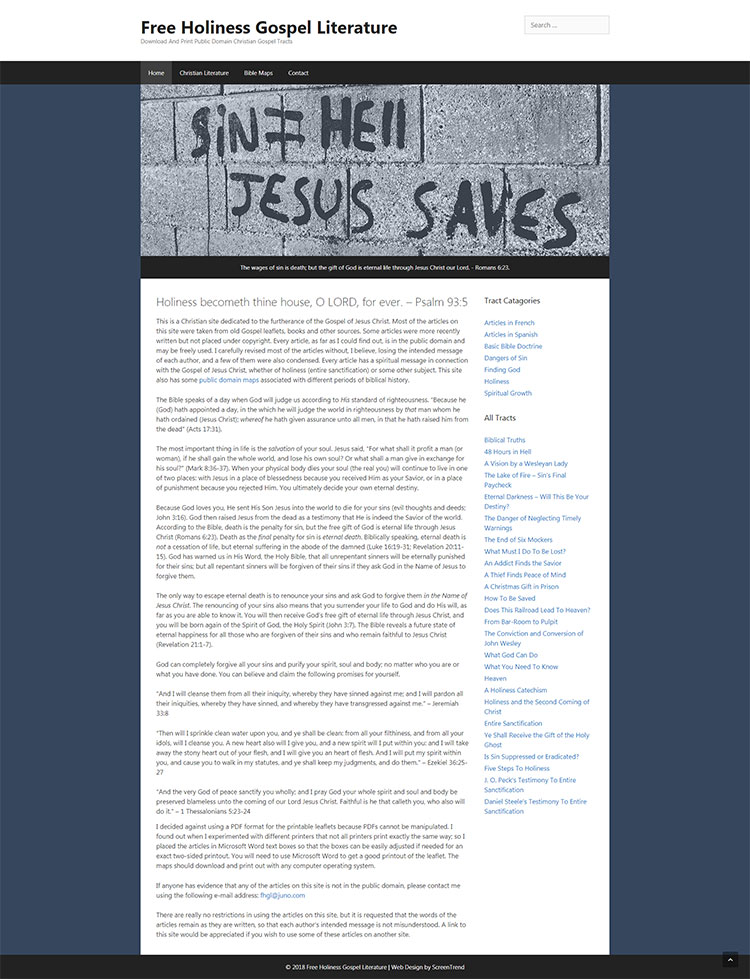 Free Holiness Gospel Literature website screenshot